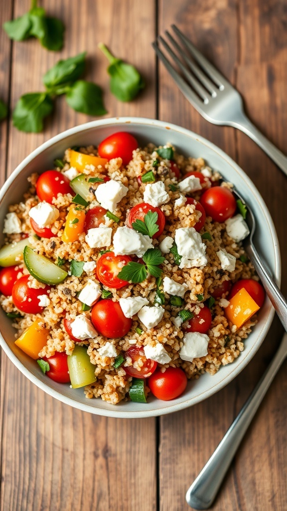 A colorful bowl of Mediterranean brown rice and quinoa salad with cherry tomatoes, cucumbers, parsley, and feta cheese on a wooden table.